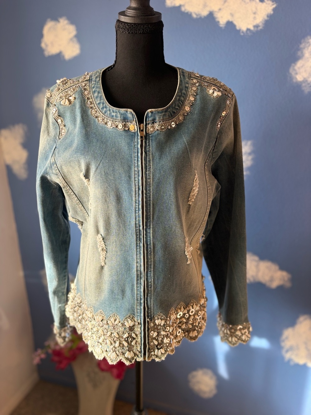 Tesoro Moda Jean Jacket with Lace, Beads and Bling, Like New